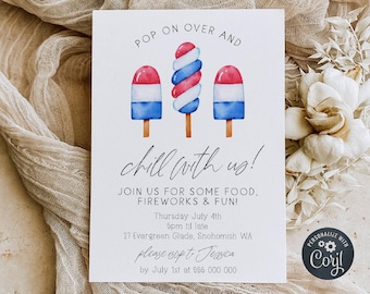 4th Of July Popsicle Invitation Template, Printable Pop On Over July Fourth Invite, Editable Patriotic Party Invite, Digital Download, #J7