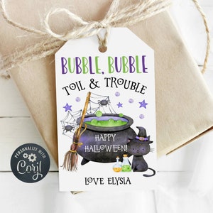 Cauldron Halloween Gift Tag Template, Printable Bubble Toil & Trouble Favor Tags, Editable Halloween Trick Or Treat Tags, Instant Download
