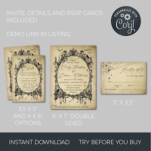 Puede incluir: Un conjunto de invitaciones de boda de Halloween imprimibles con un dise&ntilde;o g&oacute;tico. La invitaci&oacute;n presenta una ilustraci&oacute;n en blanco y negro de un castillo espeluznante con murci&eacute;lagos y una telara&ntilde;a. La tarjeta RSVP es un dise&ntilde;o simple con una telara&ntilde;a negra y el texto "Por favor, responda antes del 12 de octubre".