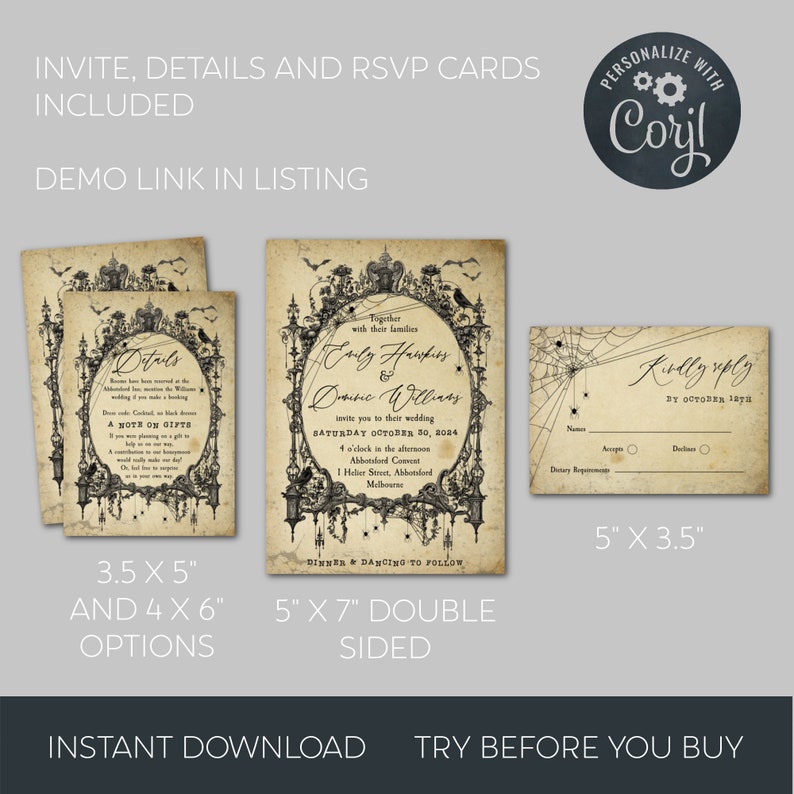 Puede incluir: Un conjunto de invitaciones de boda de Halloween imprimibles con un dise&ntilde;o g&oacute;tico. La invitaci&oacute;n presenta una ilustraci&oacute;n en blanco y negro de un castillo espeluznante con murci&eacute;lagos y una telara&ntilde;a. La tarjeta RSVP es un dise&ntilde;o simple con una telara&ntilde;a negra y el texto "Por favor, responda antes del 12 de octubre".
