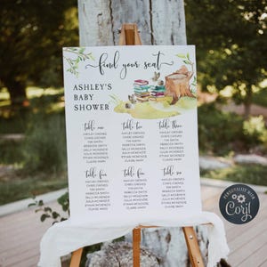 Verhalenboek babyshower zitplaatsplan sjabloon, afdrukbaar boek thema babyshower tafelbord, bewerkbare poster zitplaatsen, direct downloaden, #BT