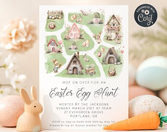 Easter Egg Hunt Invitation Template, Printable Map Bunnies Brunch Invite, Editable Kids Watercolor Easter Hunt Invite, Digital Download