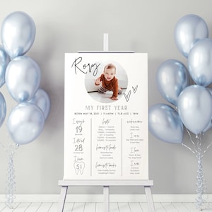 May include: A white poster with a photo of a baby boy, titled "My First Year". The poster lists the baby's milestones, favorite foods, and books. The baby is 19 pounds and 28 inches tall. He has one tooth.