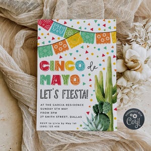 Sjabloon Cinco de Mayo-feestuitnodiging, afdrukbare Mexicaanse Fiesta-uitnodiging, bewerkbare cactus Papel Picado confetti uitnodigen, Instant Download