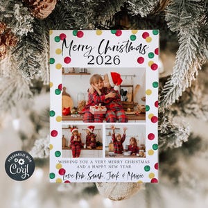 May include: A rectangular Christmas card featuring a white border with red, green, and gold polka dots. The text reads Merry Christmas 2026, Wishing you a very merry Christmas and a happy new year, and Love Rob, Sarah, Jack & Maisie with three photos.