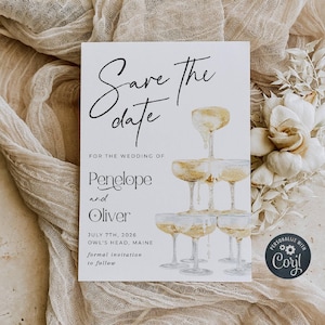 Champagne Tower Save The Date Template, Printable Watercolor Save Our Date, Editable Elegant Wedding Announcement, Instant Download