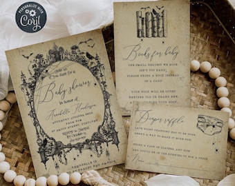Editable Gothic Frame Halloween Baby Shower Invitation Template Set, Printable Vintage Spooky Shower Invite Suite, Digital Download, #H7