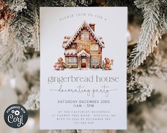 May include: A white invitation card with a gingerbread house illustration and the text "Please join us for a gingerbread house decorating party" with the date and time of the party, the location, and RSVP information.