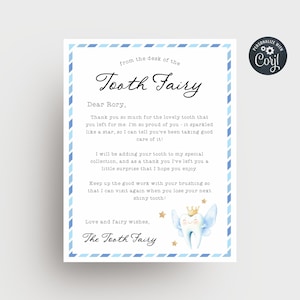 May include: A Tooth Fairy letter with a blue border and text. The letter includes a message to Rory, signed by the Tooth Fairy, and features a cartoon tooth with wings and a crown. The text is in black.