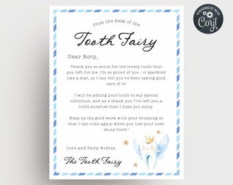 Editable Tooth Fairy Letter Template, Printable Note From Tooth Fairy Blue, First Tooth Receipt, Instant Download