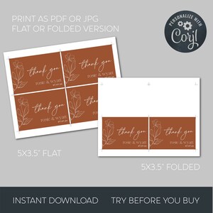 May include: A set of printable thank you cards in a rust-coloured background with white line art floral illustrations. The text reads thank you, rosie & wyatt, and 07.07.24. The layout shows 5x3.5 inch flat and folded card templates for printing.