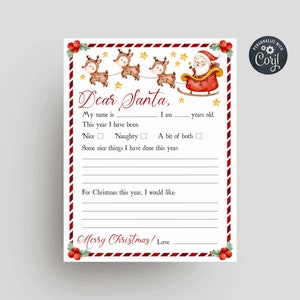 Plantilla editable de carta linda para niños a Papá Noel, lista de deseos navideños imprimible, correo para Papá Noel, carta para Papá Noel, descarga instantánea