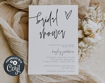 Modern Bridal Shower Invitation Template, Printable Minimalist Heart Shower Invite, Editable Boho Bridal Brunch, Instant Download, #MW4