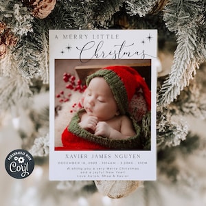 Modèle de carte de Noël pour nouveau-né, carte de faire-part de naissance joyeux Noël imprimable, carte de vœux photo bébé modifiable téléchargement immédiat