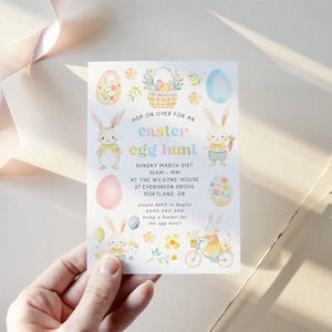 May include: An Easter egg hunt invitation with watercolor illustrations of bunnies, eggs, and flowers. The invitation text reads "Hop on over for an Easter egg hunt" with event details including date, time, and location.