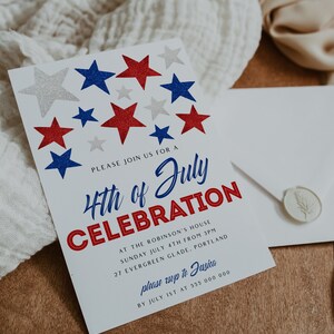 May include: A white invitation card with red, white, and blue stars announces a 4th of July celebration. The card includes the event details and a request to RSVP. An envelope with a wax seal is also present.