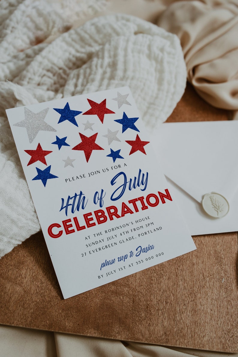 May include: A white invitation card with red, white, and blue stars announces a 4th of July celebration. The card includes the event details and a request to RSVP. An envelope with a wax seal is also present.