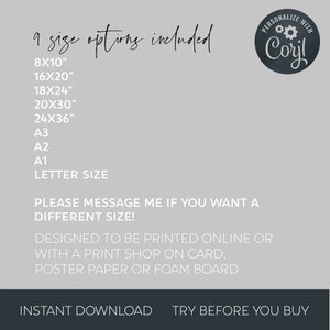 May include: A light gray background with black text listing nine size options, including 8x10 inches, 16x20 inches, and A3. The text also includes a call to message for custom sizes and mentions online printing. A circular logo with the text "Personalize with Corjl" is in the upper right corner.