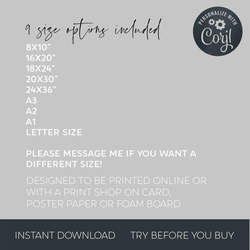 May include: A light gray background with black text listing nine size options, including 8x10 inches, 16x20 inches, and A3. The text also includes a call to message for custom sizes and mentions online printing. A circular logo with the text "Personalize with Corjl" is in the upper right corner.