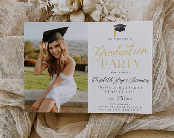 Minimalist Gold Graduation Party Photo Invitation Template, Printable Graduate Announcement, Editable Grad Party Invite, Instant Download