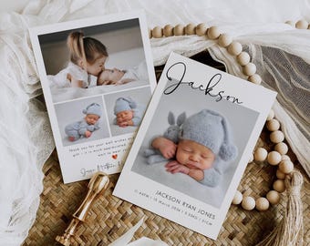 May include: Two baby announcement cards with photos of a newborn baby and a sibling. One card features the name "Jackson" in script. The cards are on a woven surface with decorative beads and a gold wax seal.