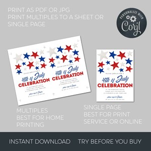 May include: Two invitation designs for a 4th of July celebration. The designs feature red, white, and blue stars. One design is for multiple prints, and the other is for a single page. Text includes "Instant Download" and "Try Before You Buy."
