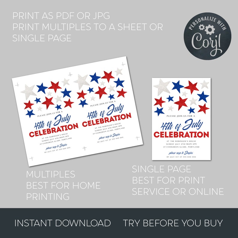 May include: Two invitation designs for a 4th of July celebration. The designs feature red, white, and blue stars. One design is for multiple prints, and the other is for a single page. Text includes "Instant Download" and "Try Before You Buy."