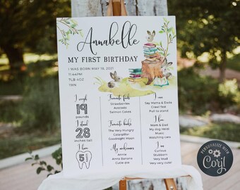 Storybook Milestone Birthday Poster Template, Printable First Birthday Milestone Board, Editable Book & Bunnies Sign, Digital Download, #BT