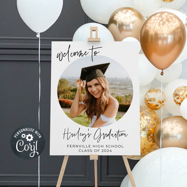 Graduation Photo Welcome Sign Template, Printable Modern Class of 2024 Graduate Welcome Board, Editable Grad Party Poster, Instant Download