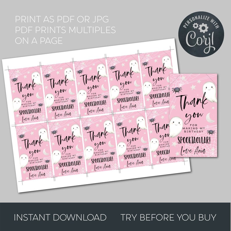 May include: Pink and white printable thank you tags with a ghost and spider design. The text reads "Thank you for making my birthday spooktacular! Love Aria".