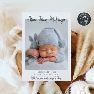Modèle de faire-part de naissance photo minimaliste, faire-part de naissance moderne imprimable pour nouveau-né, carte de remerciement modifiable pour bébé, téléchargement immédiat