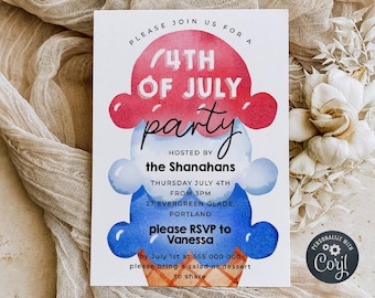 4th Of July Ice Cream Invitation Template, Printable Red White & Blue July Fourth Invite, Editable Patriotic Invite, Digital Download, #J0