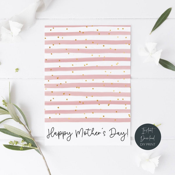 Printable Mother's Day Mini Cookie Card, Pink Stripes & Gold Spots Cookie Card, Happy Mother's Day Cookie Backer Tag, Instant Download