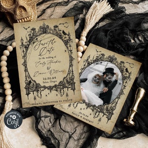 Halloween Gothic Frame Save The Date Template, Printable Vintage Wedding Announcement, Editable Spooky Haunted Invite, Instant Download, #H8