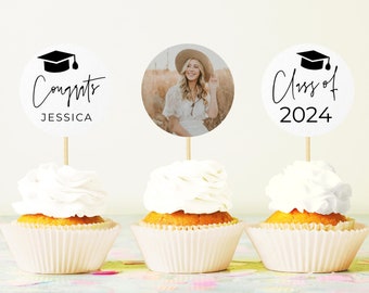 Modèle de décoration pour cupcakes photo de remise des diplômes, pics à cupcakes de fête des diplômés imprimables, décorations de gâteau pour diplômés modernes modifiables, téléchargement immédiat, #SG