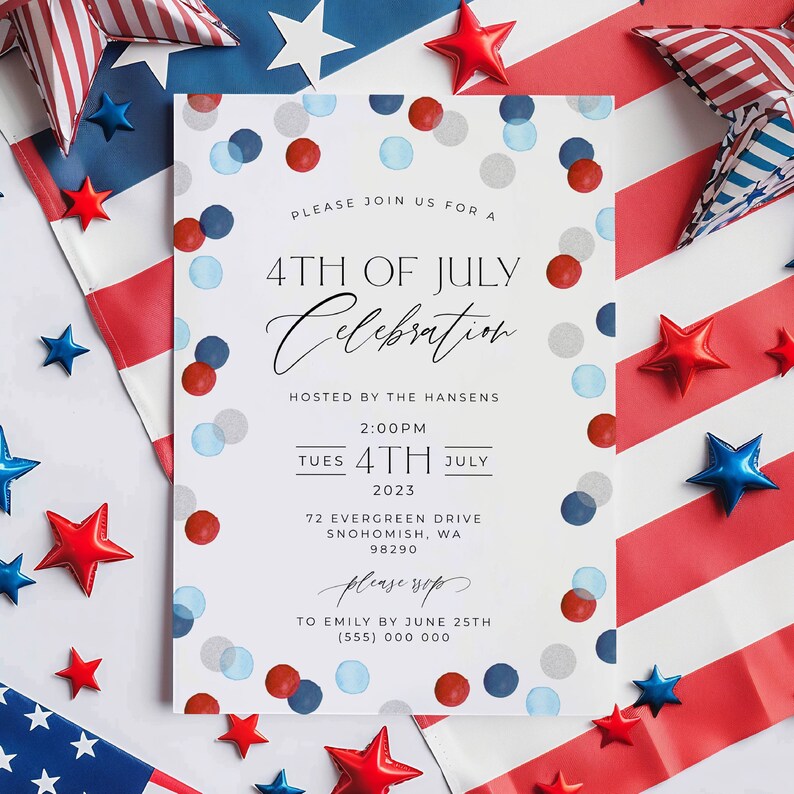 May include: A white invitation card with red, blue, and silver confetti, announcing a 4th of July celebration. The card includes the date, time, and location, surrounded by red and blue star decorations and an American flag.