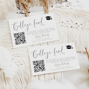 Plantilla elegante de tarjeta de inserción con código QR para fondos universitarios, invitación imprimible para graduados, donación futura editable por Venmo, descarga instantánea, #G1