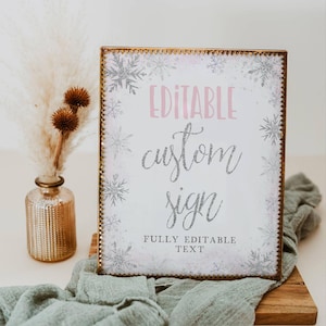 Editable Winter Onederland Pink Custom Sign Template, Printable Snowflake Birthday Party Signs, Print Unlimited Signs, Instant Download, #WP