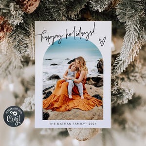 Boog foto kerstkaartsjabloon, afdrukbare moderne minimale kerstkaart, bewerkbare harten familiefoto wenskaart, instant download