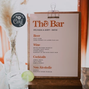 Retro Wedding Bar Menu Template, Printable Vintage 70s Drinks List, Editable Peach & Rust The Bar Sign, Let's Drink, Instant Download, #VWP