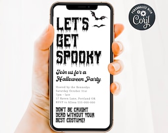 Könnte beinhalten: Ein Smartphone-Bildschirm zeigt eine Halloween-Partyeinladung mit dem Text "Let's Get Spooky" in tropfenden schwarzen Buchstaben. Die Einladung enthält Details zur Party, einschließlich Datum, Uhrzeit, Ort und RSVP-Informationen.