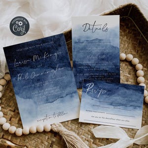Navy Ombre Watercolor Wedding Invitation Set Template, Printable Dark Blue Invite Suite, Editable Details, RSVP, Instant Download #WC1