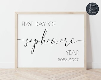 Eerste dag van het tweede jaar teken 2026-2027, afdrukbare eerste dag van de universiteit poster, terug naar de middelbare school teken, digitale download