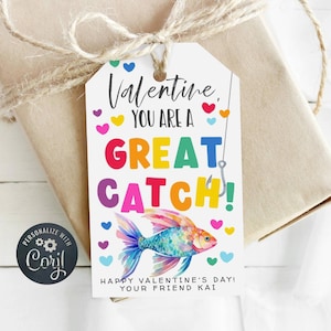 You&#39;re A Great Catch Valentine&#39;s Day Gift Tag Template, Printable Gummy Worms Fish Bait Favor Tag, Editable School Tag, Instant Download