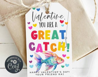 Op de afbeelding: Een wit Valentijnsdag-cadeautje met een regenboogvis-illustratie en de tekst "Valentine, je bent een geweldige vangst!"  Gelukkige Valentijnsdag!  Je vriend Kai.