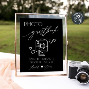 Classic Black Wedding Photo Guestbook Sign Template, Printable Modern Polaroid Guest Book, Editable Photo Booth Sign, Instant Download, #BW