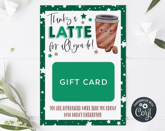Teacher Appreciation Gift Card Holder Template, Printable Thanks A Latte Coffee Gift Tag, Editable Staff Appreciation Tags, Instant Download