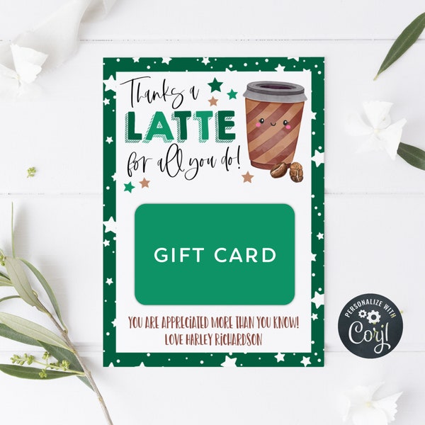 Teacher Appreciation Gift Card Holder Template, Printable Thanks A Latte Coffee Gift Tag, Editable Staff Appreciation Tags, Instant Download