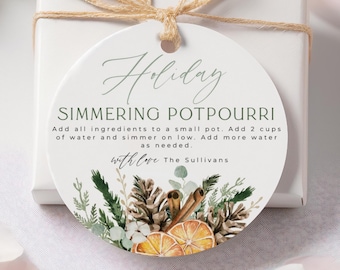 Round Holiday Simmering Potpourri Gift Tag Template, Printable Stovetop Potpourri Stickers, Editable Christmas Favor Tags, Digital Download