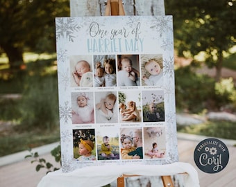 Winter Onederland 1st Birthday Photo Collage Template, Printable My First Year Poster, Editable Snowflake Photo Board, Digital Download, #W0